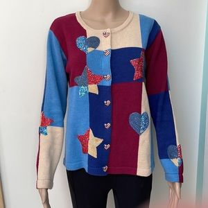 Storybook Knit Cardigan XS patriotic red white blue patchwork